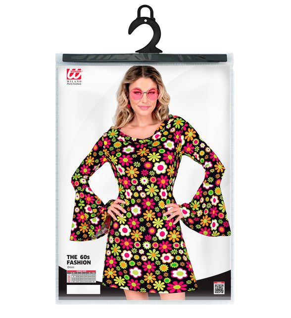 Bloemen jaren 70 jurk achterkant - hippie flower power kleding dames retro