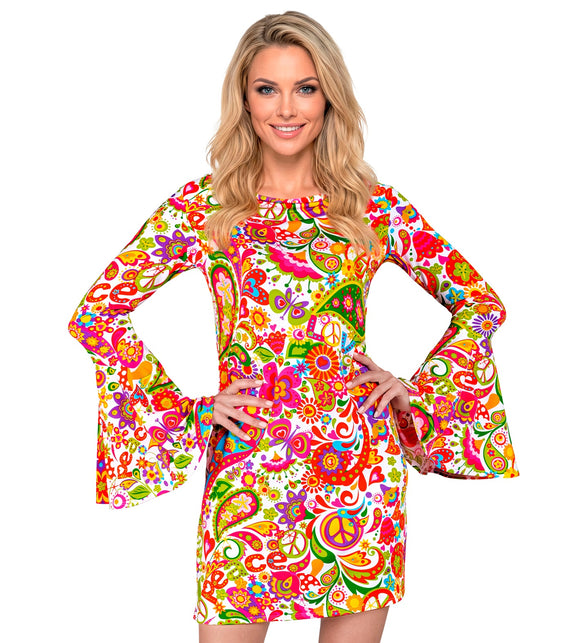 Jaren 70 jurk peace party dames - retro flower power verkleedjurk met peace print