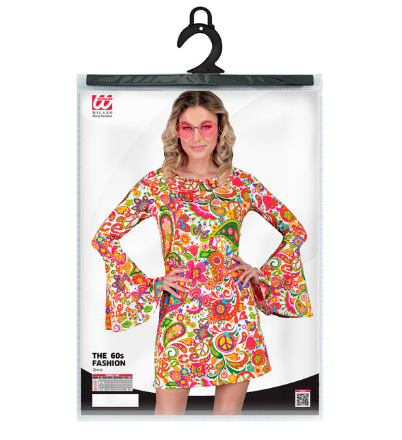 Peace party jaren 70 jurk achterkant - hippie flower power kleding dames retro