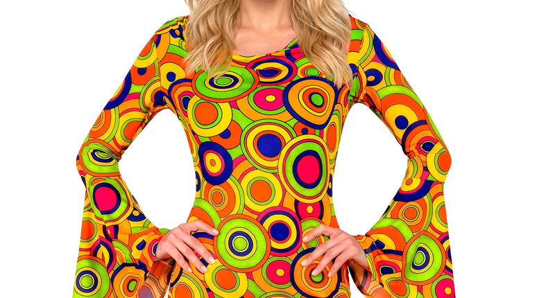 Jaren 70 jurk groovy cirkels dames - retro disco verkleedjurk met gele cirkels