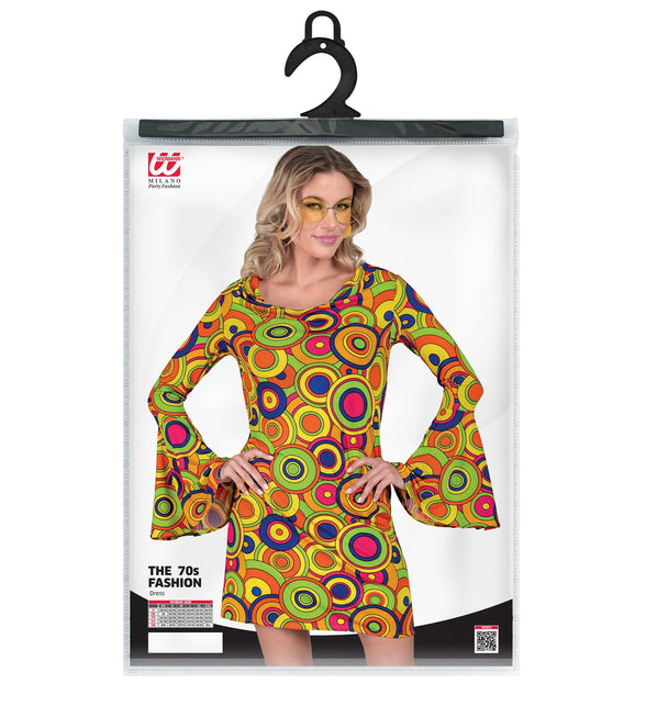 Groovy cirkels jaren 70 jurk achterkant - flower power discokleding dames retro