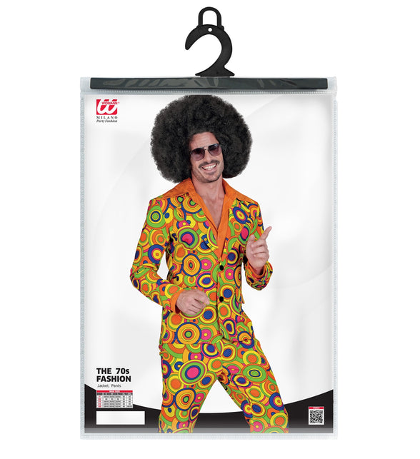 Jaren 70 groovy kostuum achterkant - retro disco verkleedpak heren cirkels