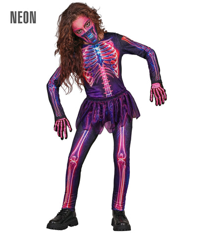 Neon skelet jumpsuit voor meisjes vooraanzicht – kostuums