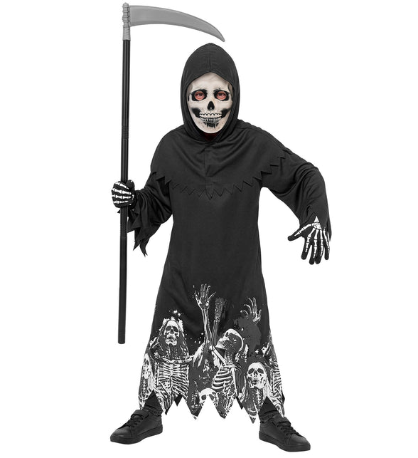Zwart Magere Hein kindergewaad met capuchon en witte skeletprint aan de zoom