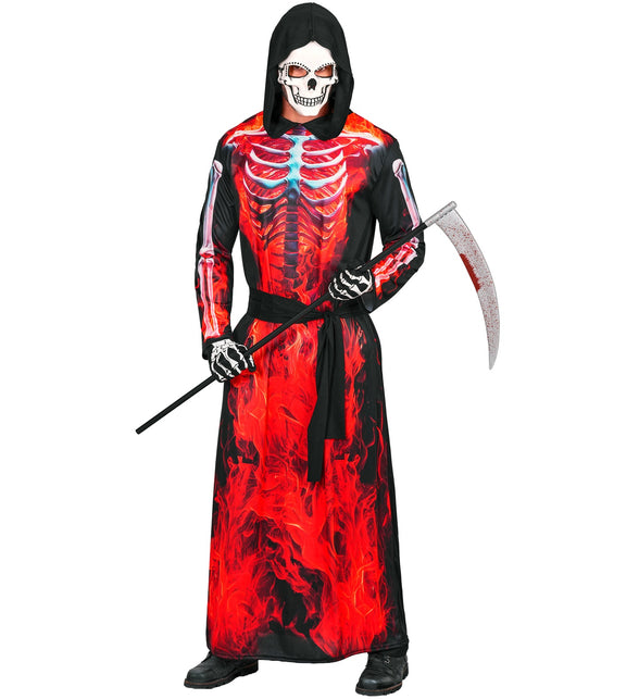 Brandend Magere Hein gewaad heren, lang zwart gewaad met rode vlammen en skeletprint voor Halloween