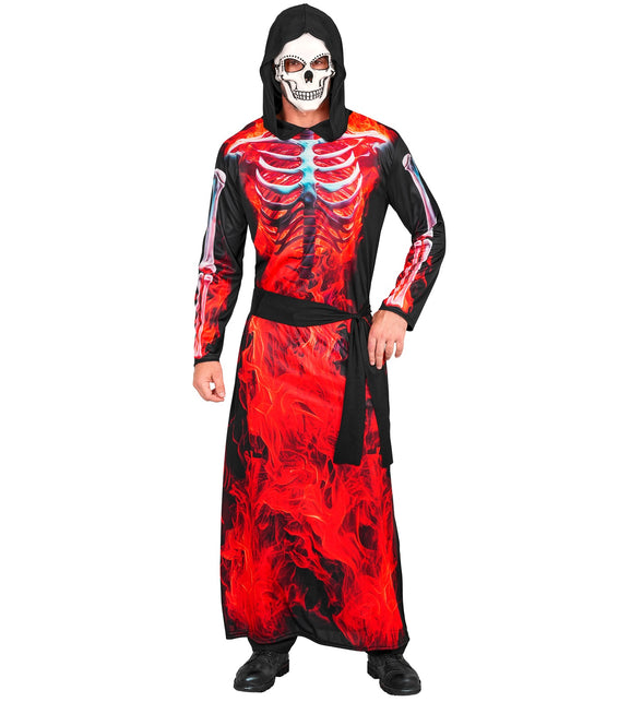 Vooraanzicht skeletprint met gloeiende ribbenkast op het brandend Magere Hein gewaad
