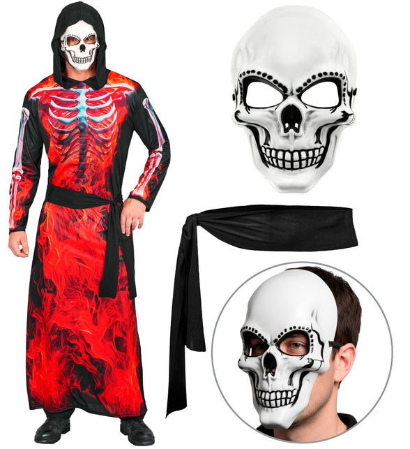 Magere Hein gewaad met wit skeletmasker en zwarte stoffen riem, inhoud van het herenkostuum