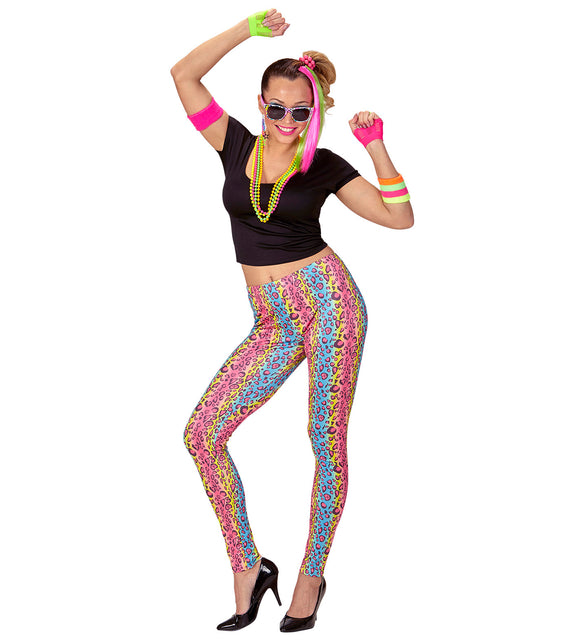 Jaren 80 kostuum dames neon, foute party retro outfit vrouw vooraanzicht