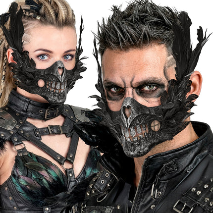 Masker mond schedel met veren detailopname – verkleedkleding