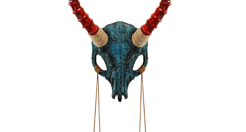 Sjamaan masker stier schedel met hoorns en veren vooraanzicht – verkleedkleding