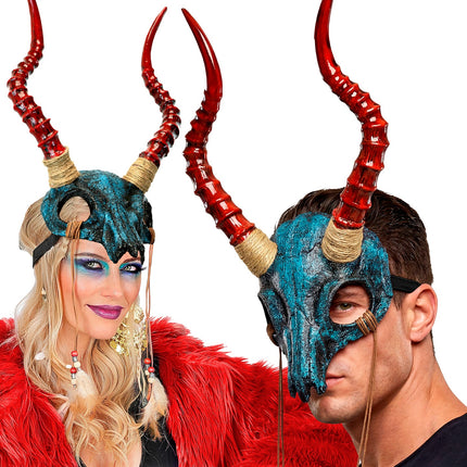Sjamaan masker stier schedel met hoorns en veren achterkant – verkleedkleding