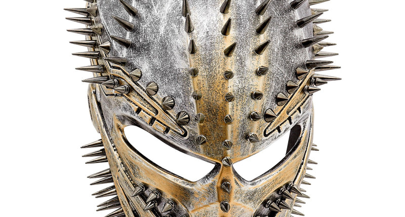 Alien masker predator met studs, zilver-goudkleurig gezichtsmasker met spitse punten, vooraanzicht
