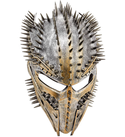 Alien masker predator met studs, zilver-goudkleurig gezichtsmasker met spitse punten, vooraanzicht