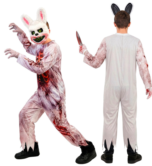 Zombie konijn jumpsuit jongens voor- en achterkant, wit met bloedspatten, voor Halloween