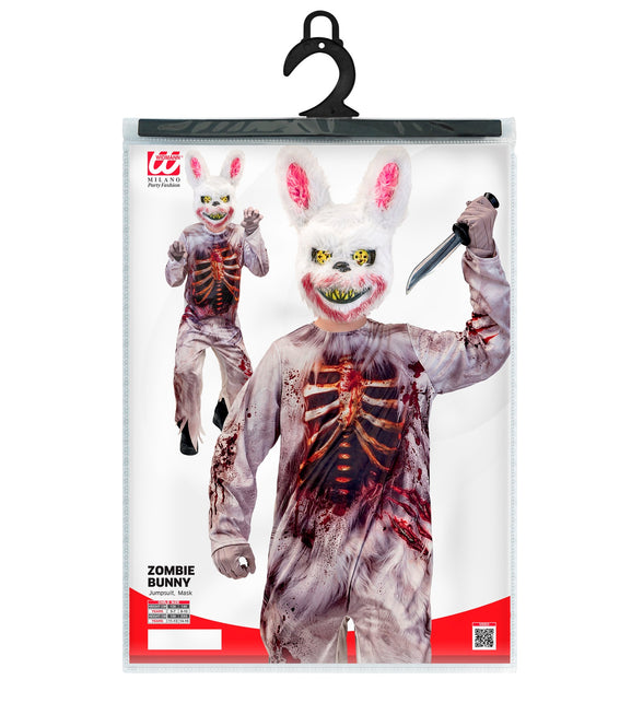 Zombie konijn jumpsuit voor jongens in verpakking met jumpsuit en masker in vier kindermaten