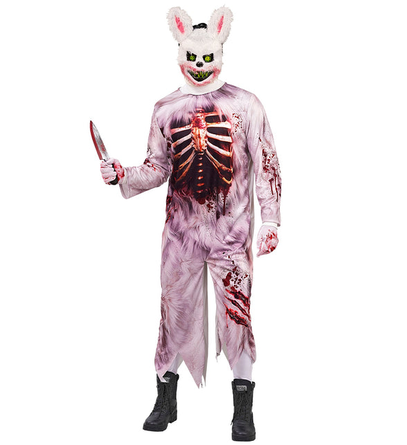 Zombie konijn jumpsuit heren vooraanzicht met bloedspatten en gerafelde broekspijpen