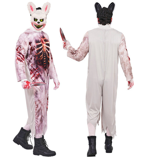 Zombie konijn jumpsuit heren voor- en achterkant, achterzijde effen crème met ruglsuiting