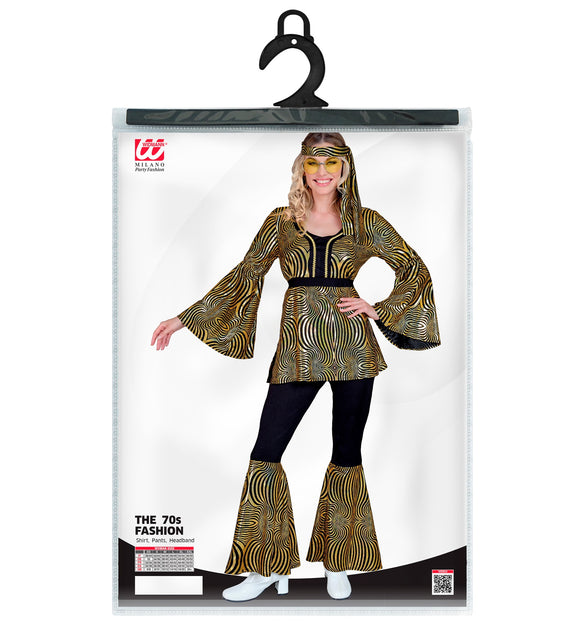 70s disco kostuum goud Babette achterkant - retro discokleding dames hippie