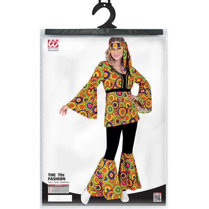 Jaren 70 groovy verkleedkostuum dames achterkant - hippie disco kleding cirkels