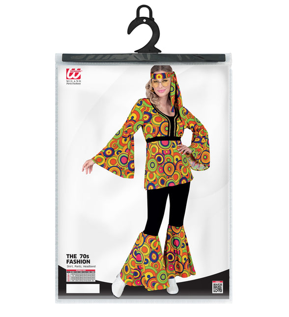 Jaren 70 groovy verkleedkostuum dames achterkant - hippie disco kleding cirkels