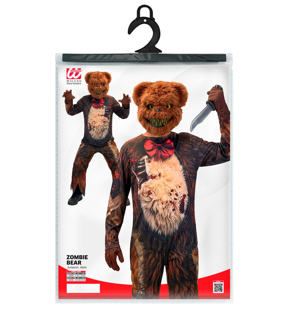 Verpakking zombie beer kinderkostuum met jumpsuit en masker in maten 128 tot 164 cm