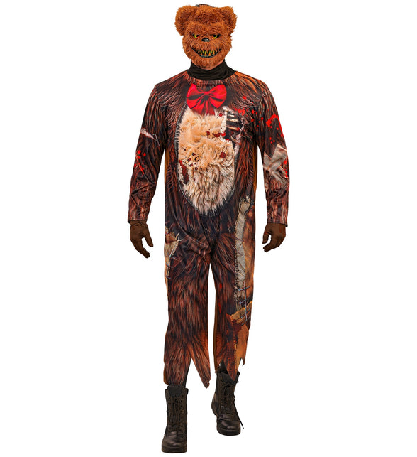 Zombie beer jumpsuit heren vooraanzicht met gerafelde broekspijpen en bloedspatprint