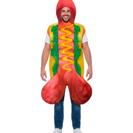 Hotdogtuniek heren rechtop gedragen, met gele mosterdzigzag over de rode worst