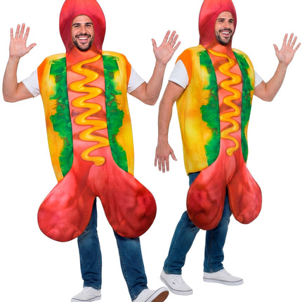 Hot cock kostuum heren van voren en van de zijkant gedragen over jeans en wit shirt
