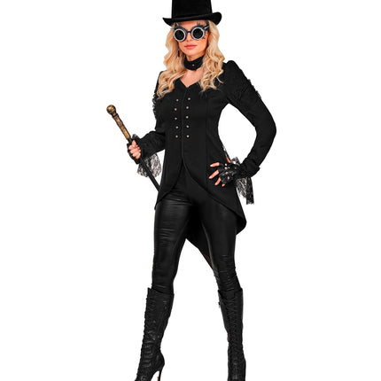Gothic tailocoat zwarte kostuum voor dames detailopname – kostuums