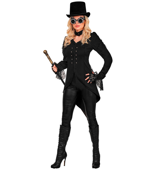 Zwarte gothic slipjas dames met pofschouders en lange kanten manchetten aan de mouw
