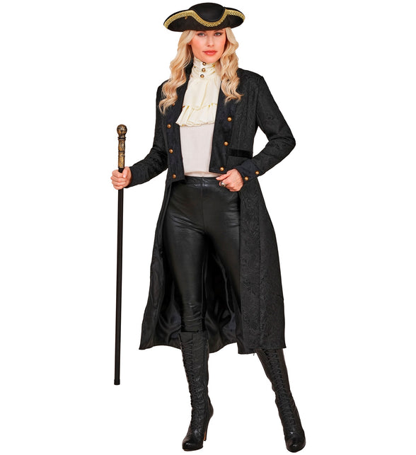 Victorian jas dames zwart gecombineerd met witte jabot voor een kapiteinslook