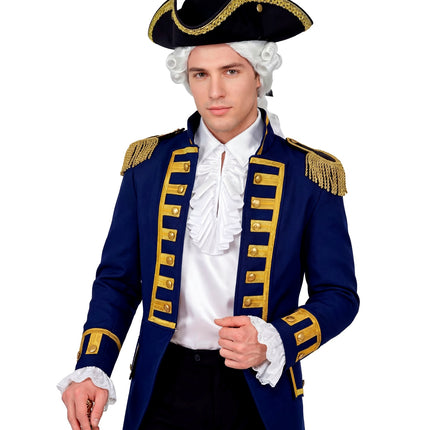 Jabotshirt wit heren onder een blauw uniformjasje, adellijke look voor themafeest