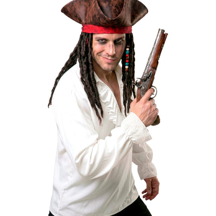 Wit herenshirt met jabot en kanten manchetten in piratenstijl, halfopen kraag
