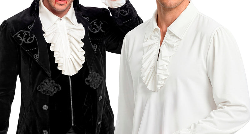 Jabotshirt wit heren met rouchejabot, gedragen los en onder een zwarte fluwelen jas