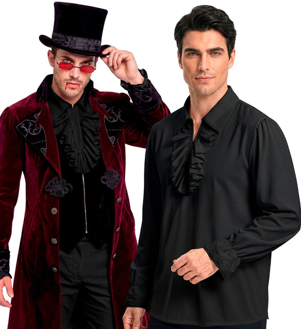 Jabot shirt zwart heren met geplooide ruche op de borst, naast een vampierlook met hoge hoed