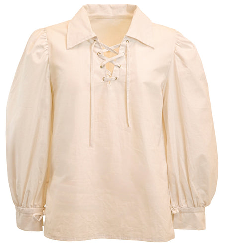 Piraten shirt beige zonder model: katoenen hemd met veterhals, metalen ringen en manchetbandjes