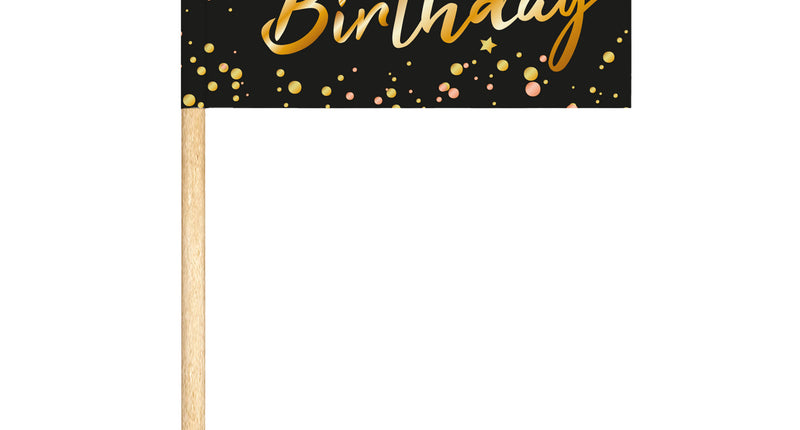 24 cocktailprikkers Happy Birthday met zwart vlaggetje, gouden schrijfletters en stipjes voor de verjaardag