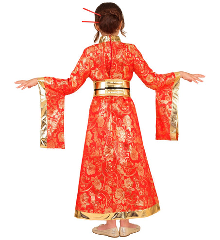 Achterkant van de rode kimono jurk voor meisjes met sluiting in de rug en gouden mouwranden