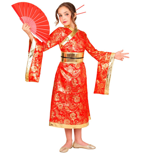 Rode kimono jurk voor meisjes met wijde mouwen en gouden biezen, voor een Aziatisch themafeest