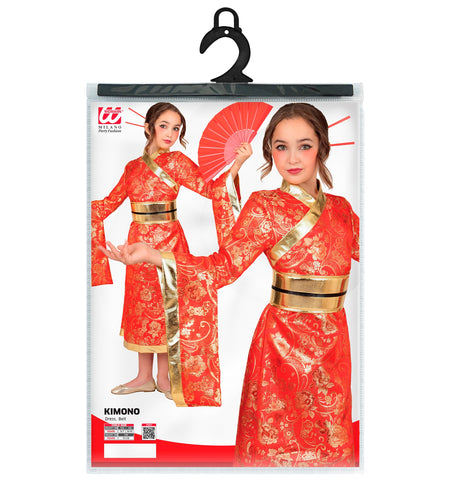 Verpakking kimono jurk meisjes met jurk en riem in kindermaten 128, 140 en 158 cm