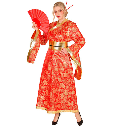 Kimono jurk dames in rood met gouden bloemenprint en brede goudkleurige band, vooraanzicht