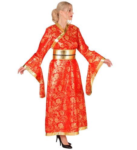 Kimono jurk dames zijaanzicht met uitlopende mouwen en goudkleurige zoombies