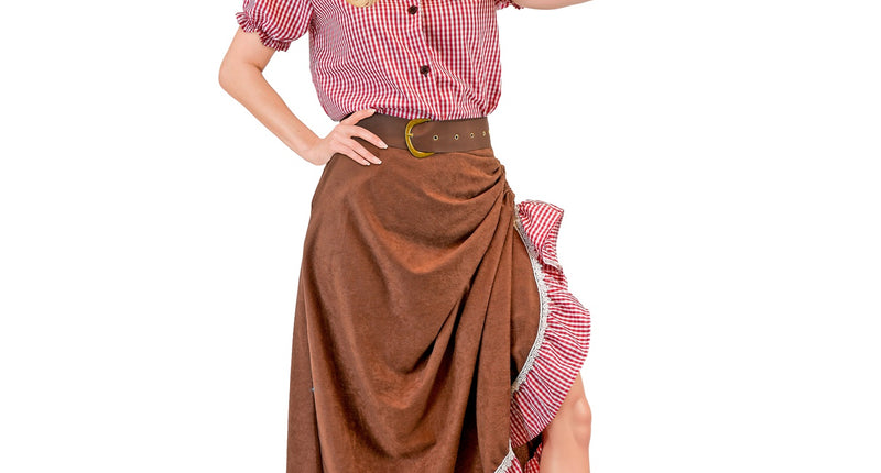 Cowgirl kostuum dames met rood-wit geruit shirt, lange bruine rok en riem voor een westernfeest