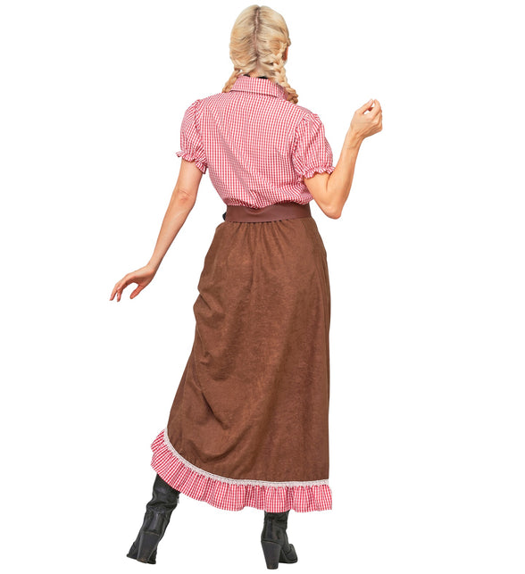 Achterkant cowgirl kostuum dames met enkellange bruine rok en geruite onderrand