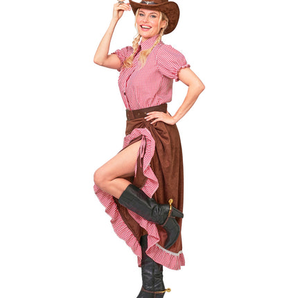 Cowgirl kostuum dames van de zijkant, opgenomen bruine rok met geruite ruche