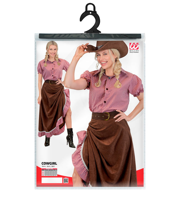 Verpakking cowgirl kostuum dames met shirt, rok en riem en maattabel S tot XXL