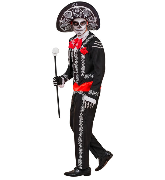 Mariachi Día de los Muertos kostuum heren zijaanzicht met kort colbert en rode ceintuurband