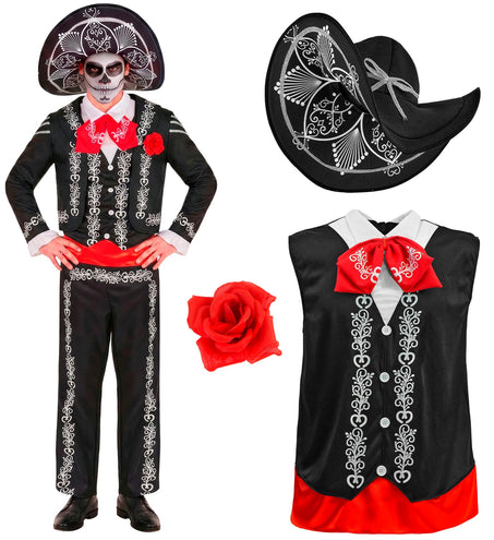 Mariachi kostuum heren onderdelen: zwarte sombrero, shirt met gilet en rode strik plus rode roos