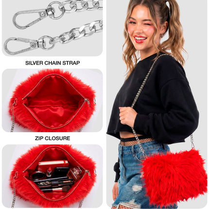 Handtas lang pluche rood voor dames achterkant – verkleedkleding
