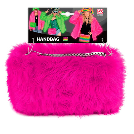 Handtas lang pluche neon roze voor dames zijaanzicht – verkleedkleding
